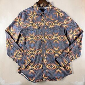 Rock & Roll Denim Mens Small Southwestern Geometric Snap Western Shirt Orange